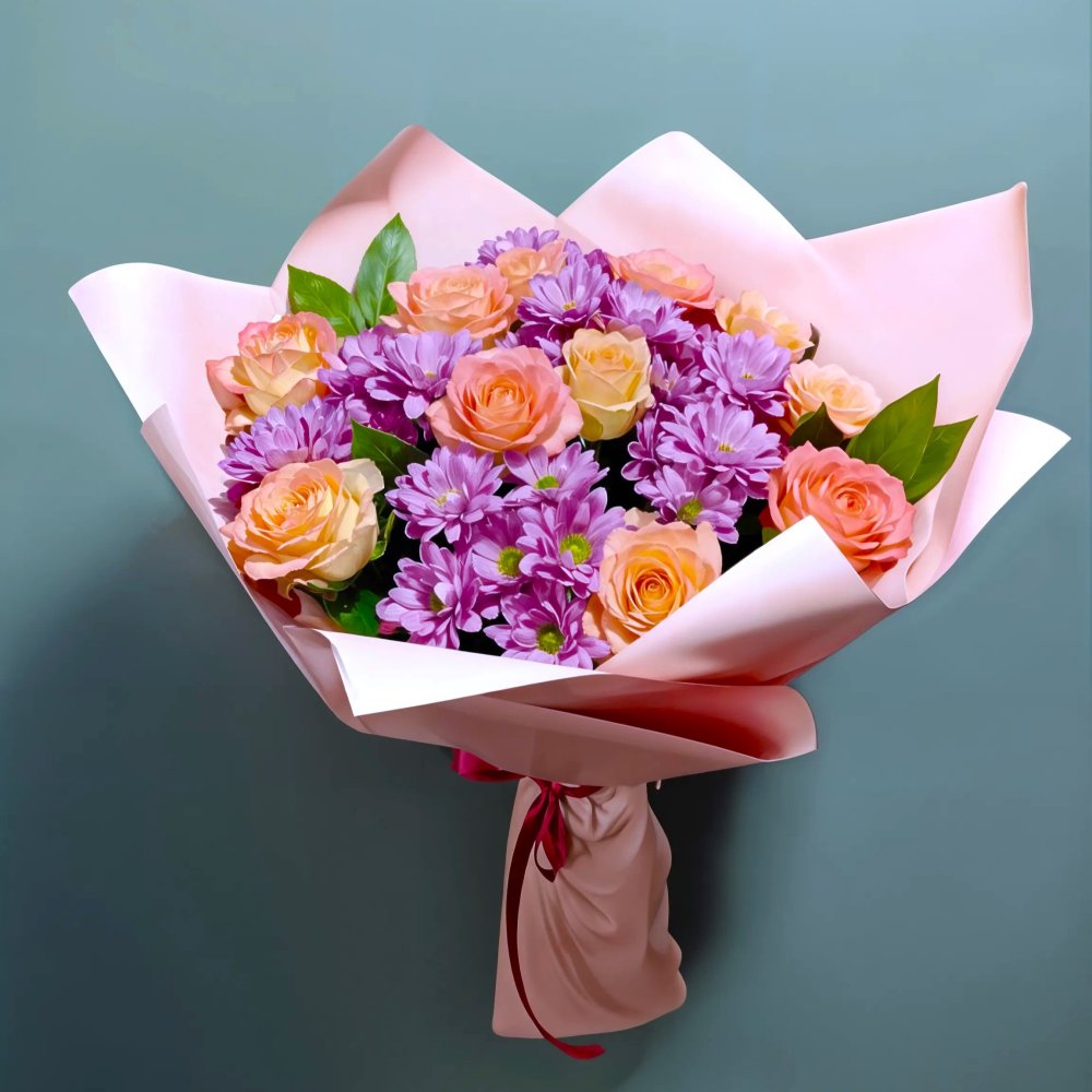 Букет цветов из: Хризантемы и Розы